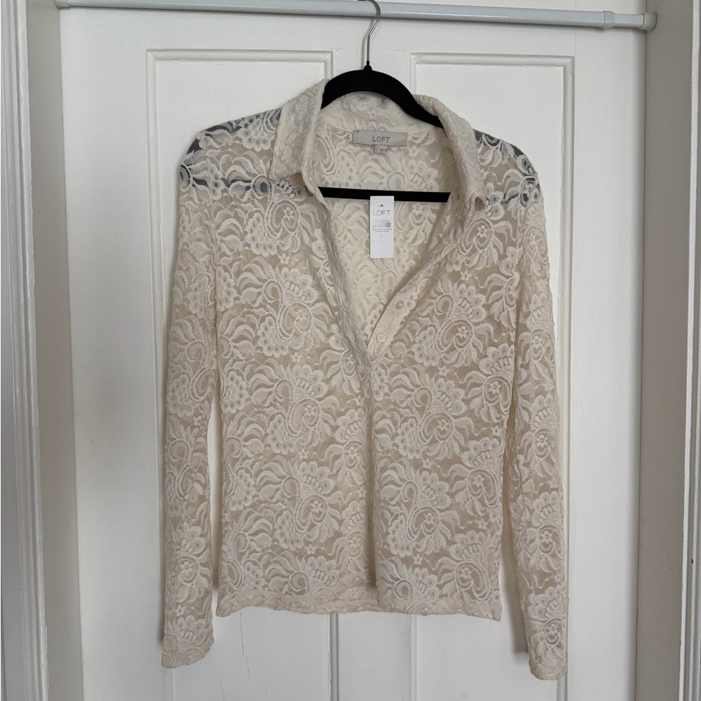 LOFT Ivory Floral Lace Button-Down Shirt